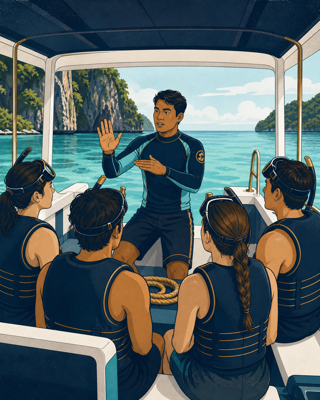 Illustration of a marine guide briefing guests before entering the water