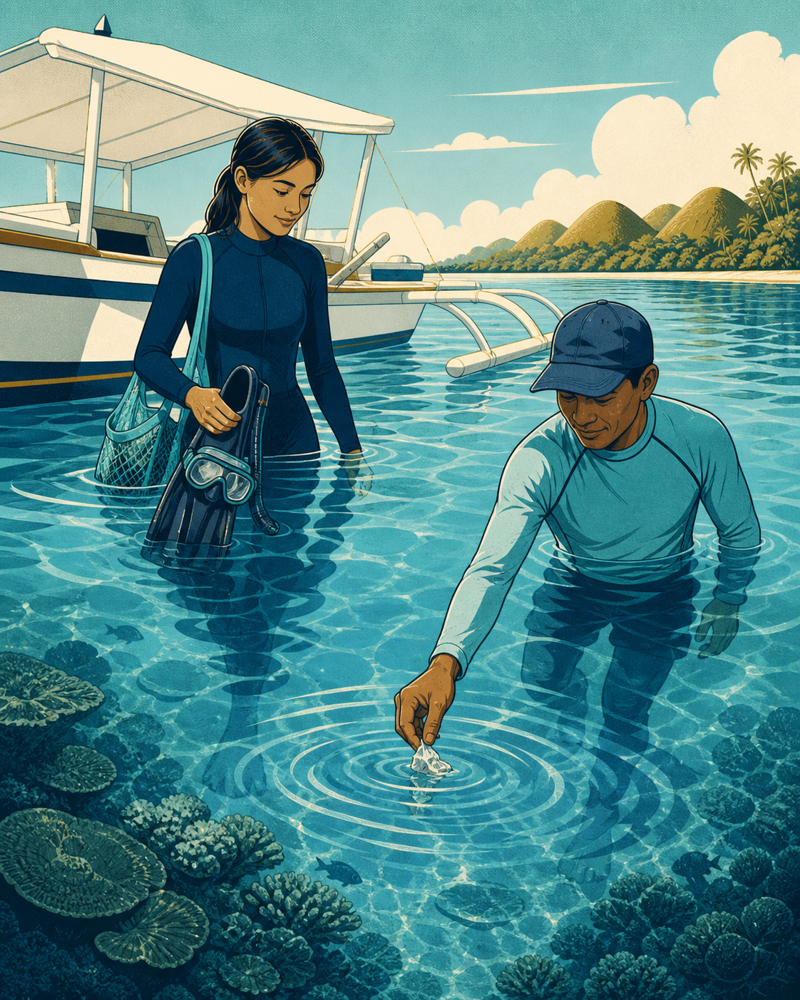 Illustration of guests and guides keeping Bohol's ocean clean