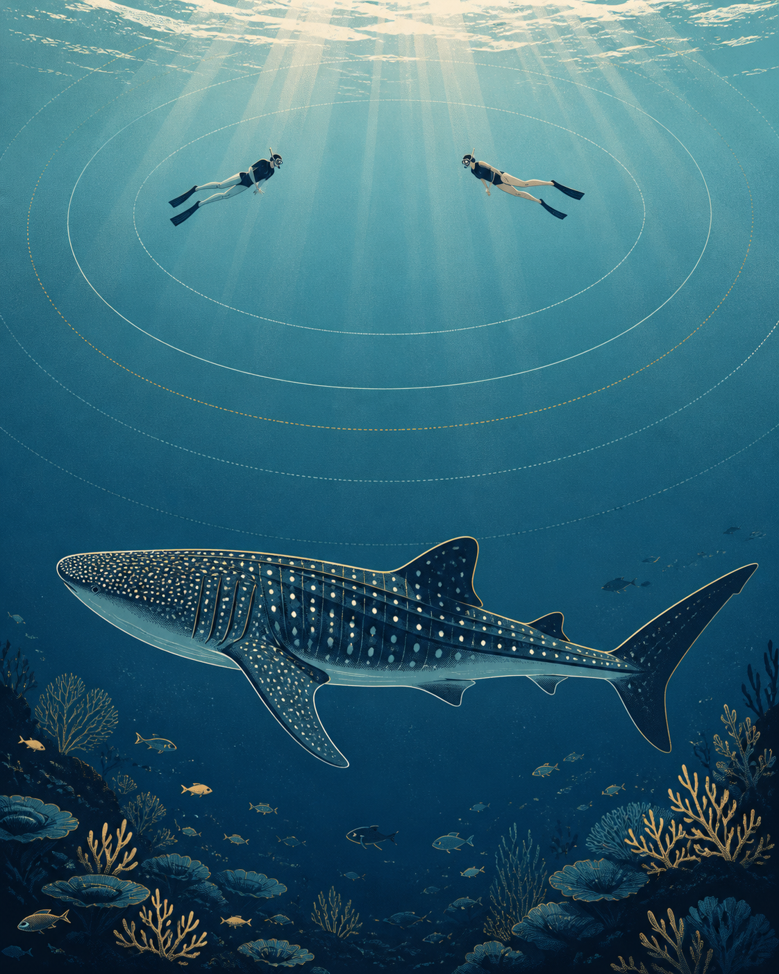 Illustration of snorkelers maintaining a safe distance from a whale shark