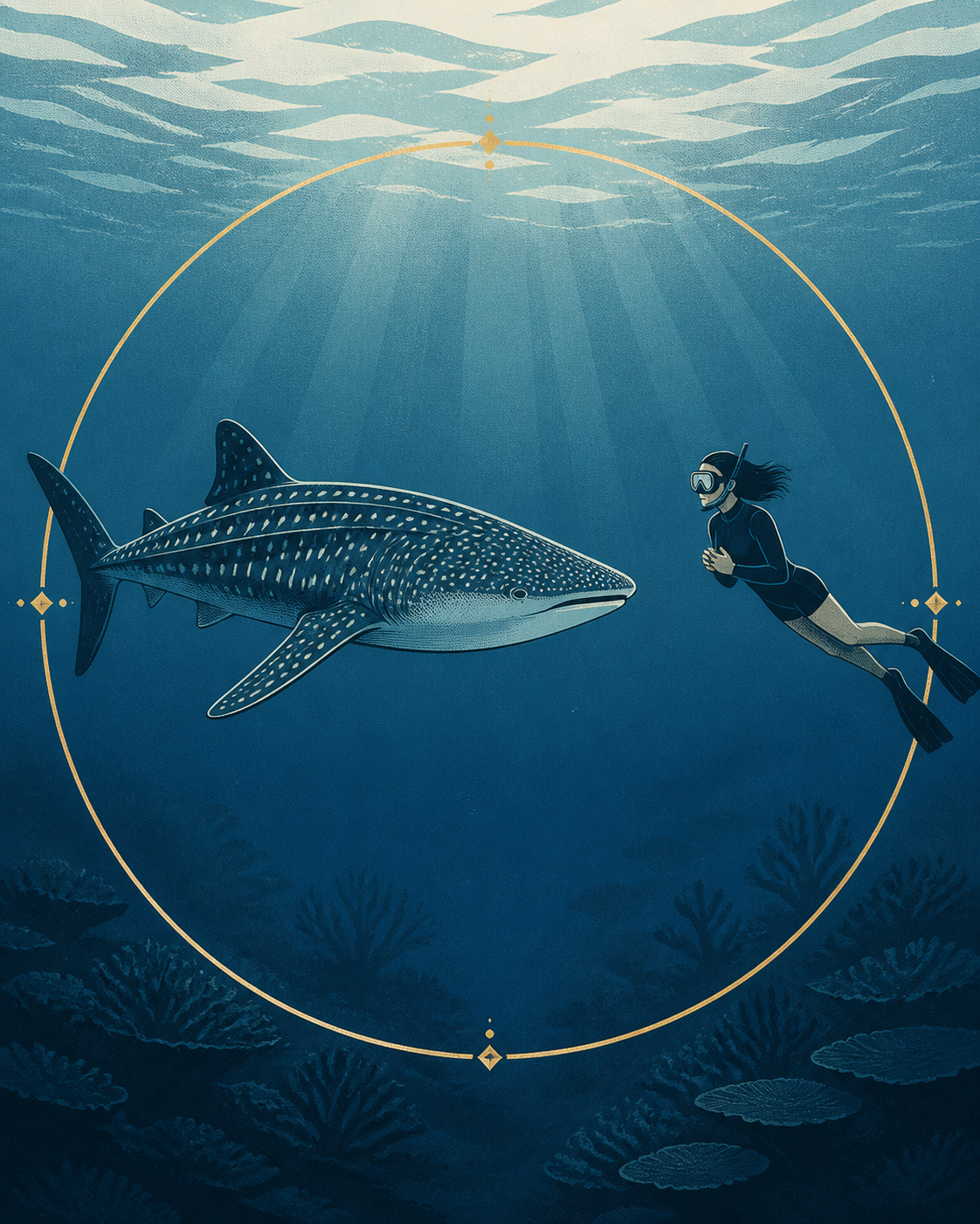 Illustration of a snorkeler observing a whale shark without touching